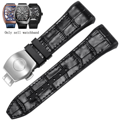 Bracelet de montre pliable en nylon et cuir véritable, bracelet de montre en silicone, noir, bleu, haute qualité, compatible avec Franck Muller, série V45, 28mm