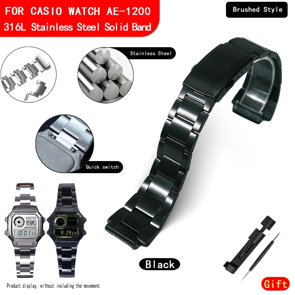 Bracelet de montre solide en acier inoxydable 316L, pour montre Casio AE1200WH, modèle Royale, poli et brossé, bracelet en métal AE1200