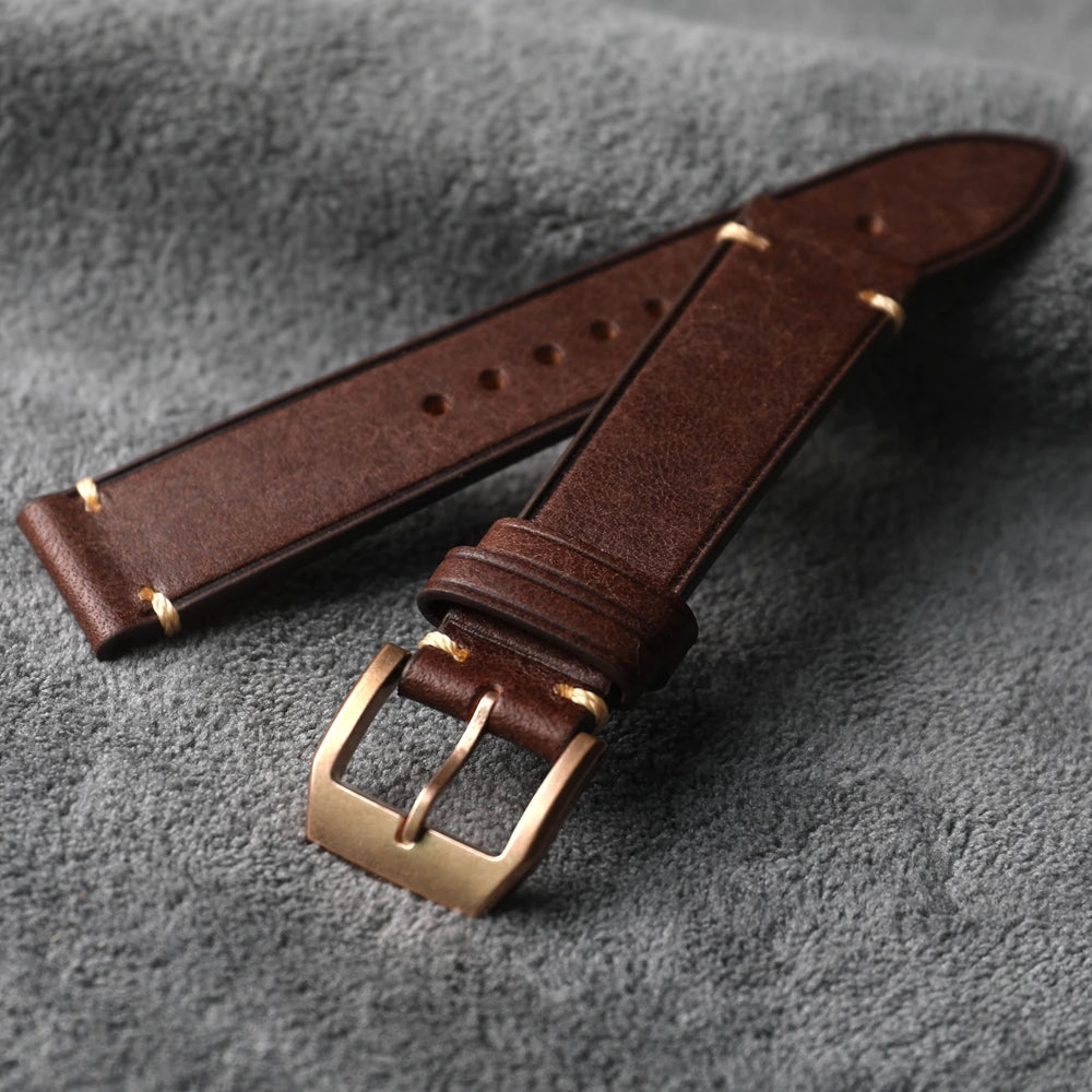 Bracelet en cuir de vache fait à la main, 20MM 21MM marron vert noir Style Vintage, montre en Bronze, boucle en Bronze