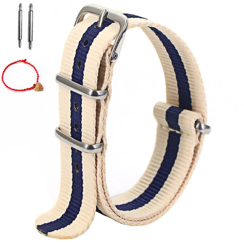 Bracelet de montre à rayures de remplacement pour hommes et femmes, en Nylon, avec boucle ardillon argentée, 16MM 18MM 20MM 22MM, bracelet à dégagement rapide