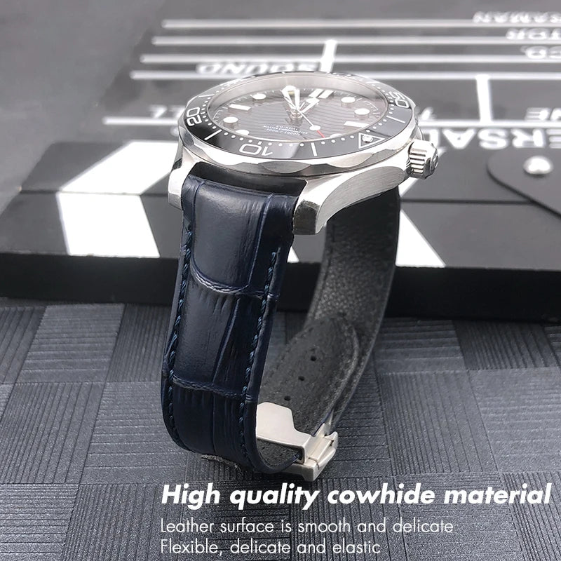 Bracelet de montre en cuir véritable à extrémité incurvée pour Omega Speedmaster Seam84AT150, déploiement struc19 mm 20mm 21mm, noir, bleu