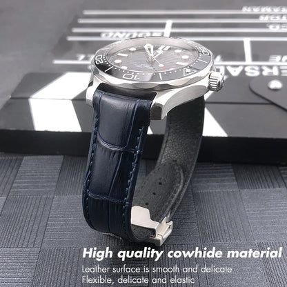 Bracelet de montre en cuir véritable à extrémité incurvée pour Omega Speedmaster Seam84AT150, déploiement struc19 mm 20mm 21mm, noir, bleu
