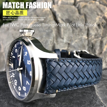 Cinturino per orologio intrecciato in pelle bovina, 22mm 20mm 21mm, adatto per orologi da pilota IWC Portugieser Portofino IW5007, cinturino in morbida pelle blu