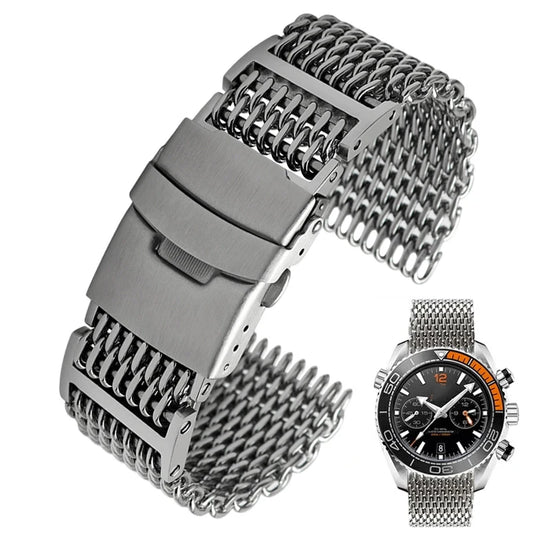 Cinturino in maglia d'acciaio shark diver, 20/22/24 mm, per orologio milanese, Bracciale in tessuto, chiusura doppia, per Breitling Omega