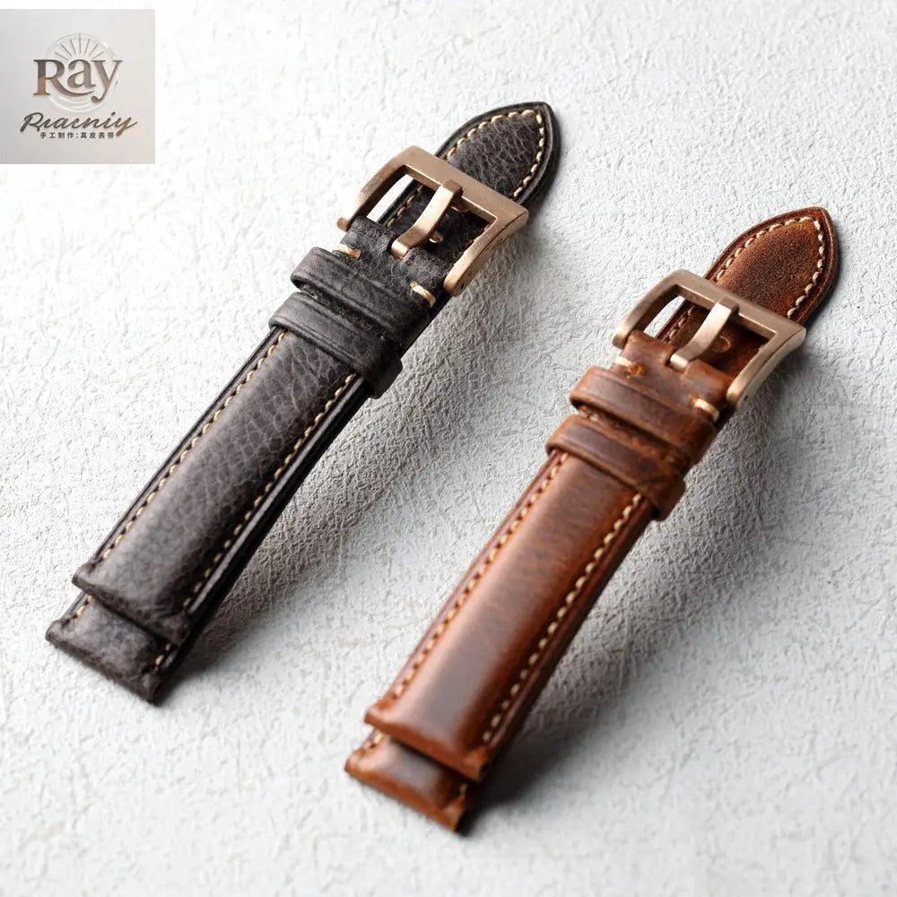 High-end leather strap, 20MM 22MM, bronze clasp, thick leather strap for men, retro style, suitable for bronze watch bracelet