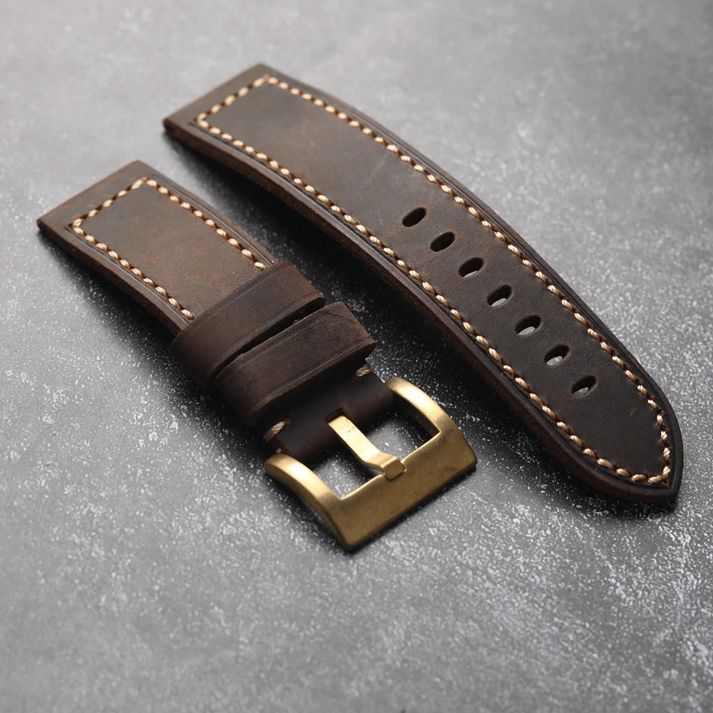 Cinturino per orologio in pelle bovina, strato superiore vintage, 20mm 22mm 24mm 26mm, fibbia pieghevole in rame marrone, cinturino in vera pelle