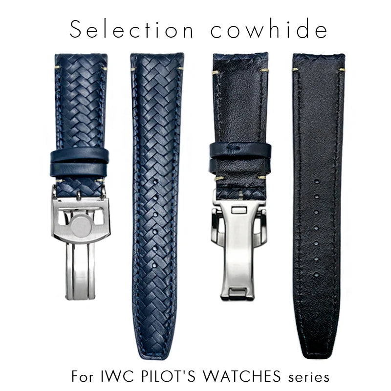 Bracelet de montre tissé en cuir de vachette pour IWC, bracelet de montre en cuir véritable, extrémité incurvée, marque de pilote portugaise, haute qualité, 20mm, 21mm, 22mm