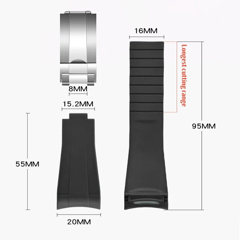 FKM – Bracelet de montre en caoutchouc, extrémités incurvées de 20mm, résistant à la sueur, pour Rolex Submariner Style et Omega x Swatch