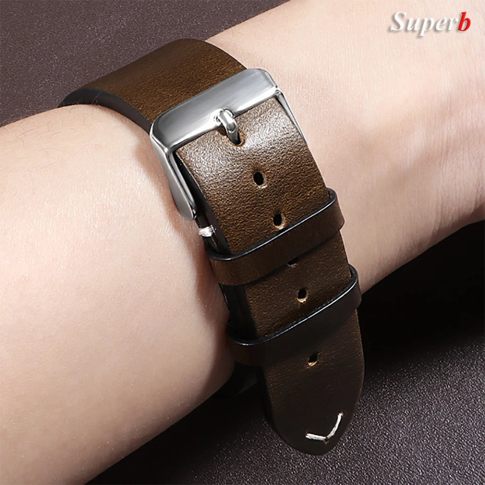 Bracelet de montre en cuir huilé vintage 18 mm 20 mm 22 mm 19 mm 21 mm 24 mm, sangle en cuir de vachette à couture universelle pour Seiko pour Omega