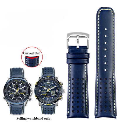 Curved End Leather Watch Strap, 22mm 23mm, for Citizen Blue Angel AT8020-54L/8020-03L JY8078 AT8020 Series, Black