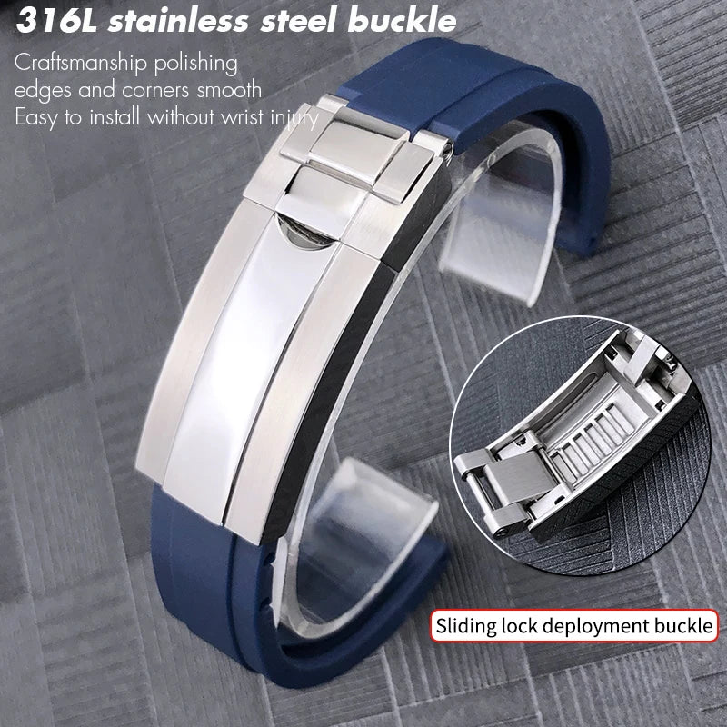 Cinturino per orologio in gomma, estremità metallica 21 mm, ricambio speciale per Rolex Datejust 41 mm m126 Oyster, cinturino per orologio in silicone, fibbia scorrevole con blocco