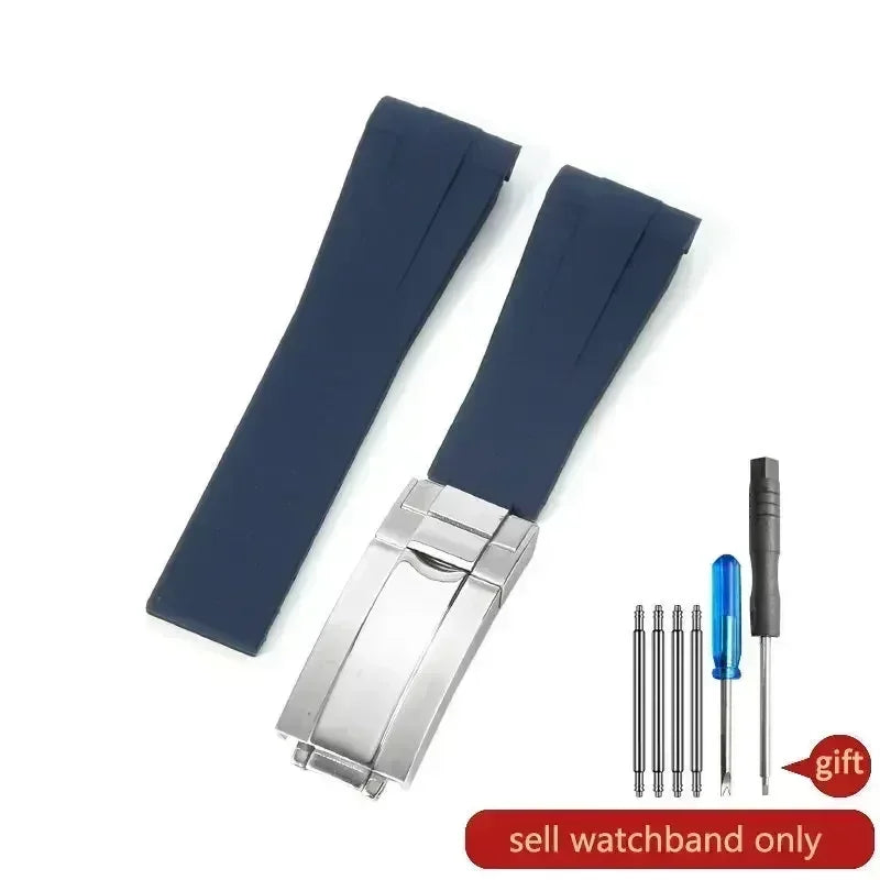High-quality silicone watch strap in colorful styles (black, green, red, blue, white), with a curved interface for Rolex Datejust Submariner straps.