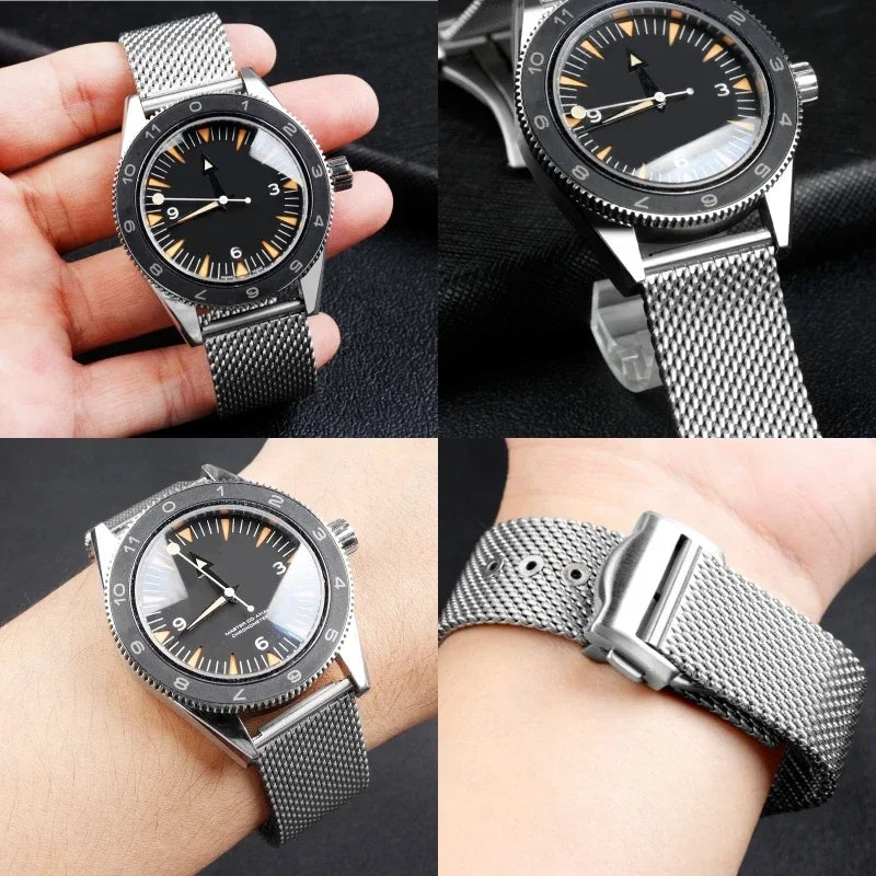 20mm 22mm Milanese Watch Band for Omega 007 Seamaster 300, Stainless Steel Mesh Bracelet, Original Folding Buckle