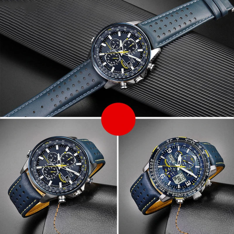Curved End Leather Watch Strap, 22mm 23mm, for Citizen Blue Angel AT8020-54L/8020-03L JY8078 AT8020 Series, Black