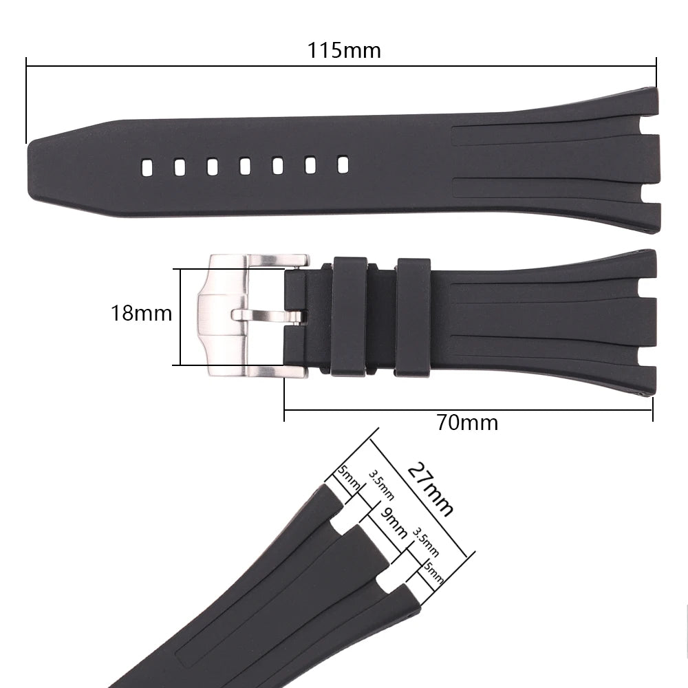 Bracelet de montre en caoutchouc de silicone souple, bracelet de plongée, bracelet de montre-bracelet, bleu, noir, 27mm
