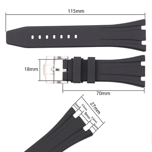 Soft Silicone Rubber Watch Strap, Diving Strap, Wristwatch Band, Blue, Black, 27mm