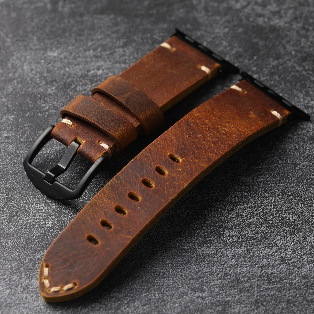 Bracciale in pelle bovina da uomo fatto a mano strato superiore, stile retrò per iWatch Apple Watch Ultra 2 49MM 45MM 44MM 42MM, cinturino spesso marrone