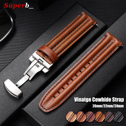 Bracelet en cuir de vache véritable pour hommes, 20mm, 22mm, 24mm, pour montre Seiko Vintage en cuir marron, bracelet de montre à fermoir papillon pour Omega