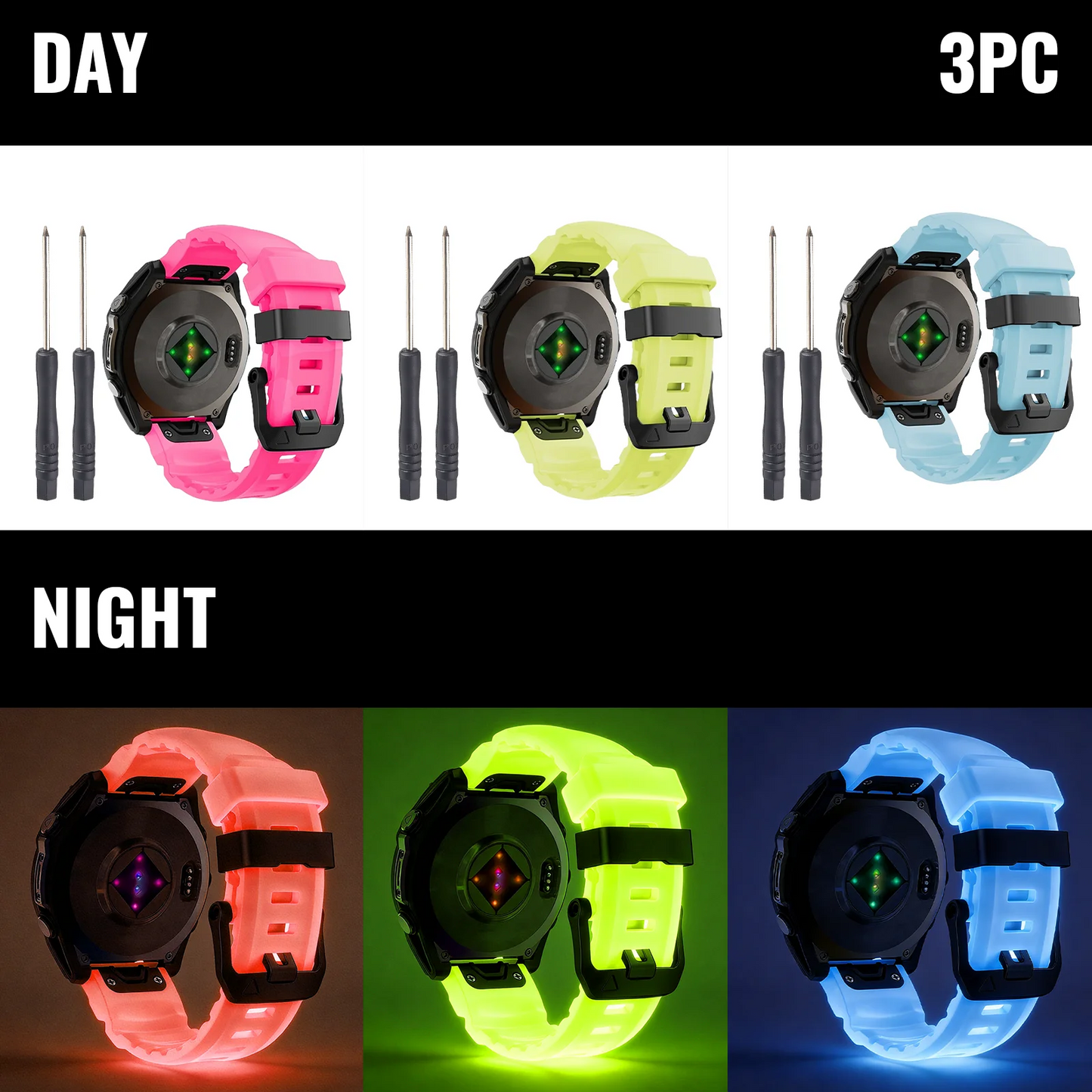 Cinturino per orologio luminoso, 3 pezzi, 22/26 mm, per Garmin Fenix 6/6X/7X/Fenix 8 (51/47 mm), Fenix 5X/5X Plus/6X Pro, cinturino sportivo unisex