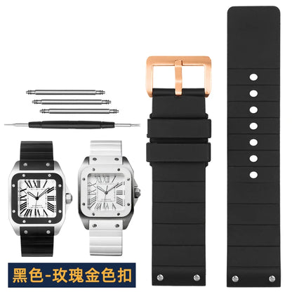 20mm 23mm bracelet de montre pour Cartier Santos Sandoz Santos 100 bracelet de montre en Silicone en caoutchouc hommes et femmes noir