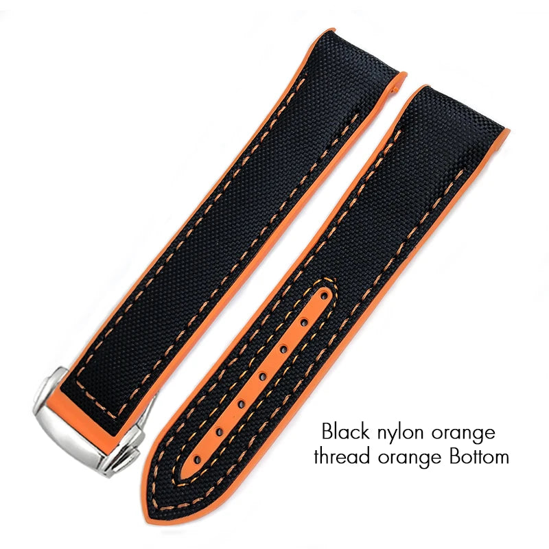 Bracelet de montre en caoutchouc et Nylon et Silicone, 19mm 20mm 21mm 22mm, adapté à Omega GMT Planet Ocean Seamaster Diver 300, extrémité incurvée, Orange