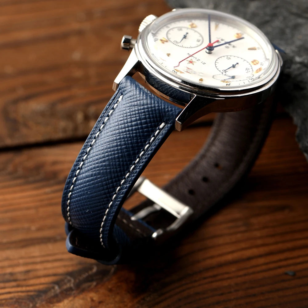 Cinturino per orologio in pelle bovina con motivo incrociato fatto a mano, cinturino in pelle curvo da 18 19 20 mm, braccialetto da uomo in stile retrò a sgancio rapido, blu nero