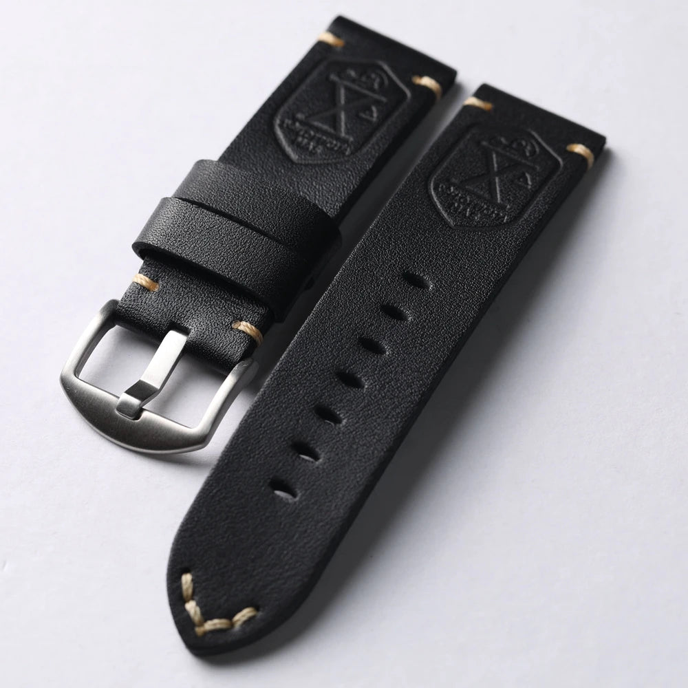 Handmade Cowhide Leather Watch Strap, Top Layer, 20 22 24 26MM, Black, Soft, Foldable, No Sandwich, Flexible
