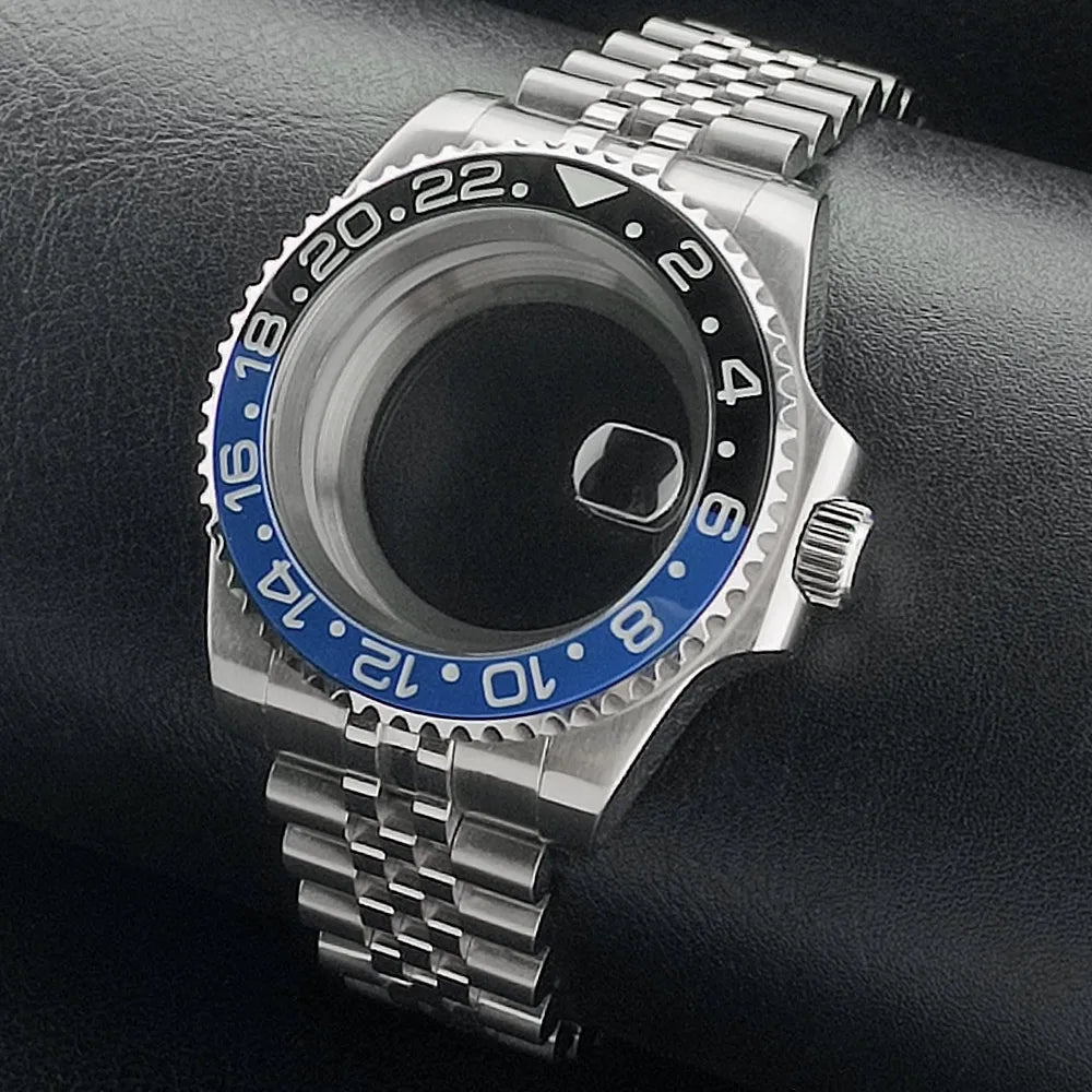 Nouveau 40.5mm GMT fit NH-34 boîtier en argent lunette peut tourner dans les deux directions saphir boîtier de montre étanche pièces de montre accessoires