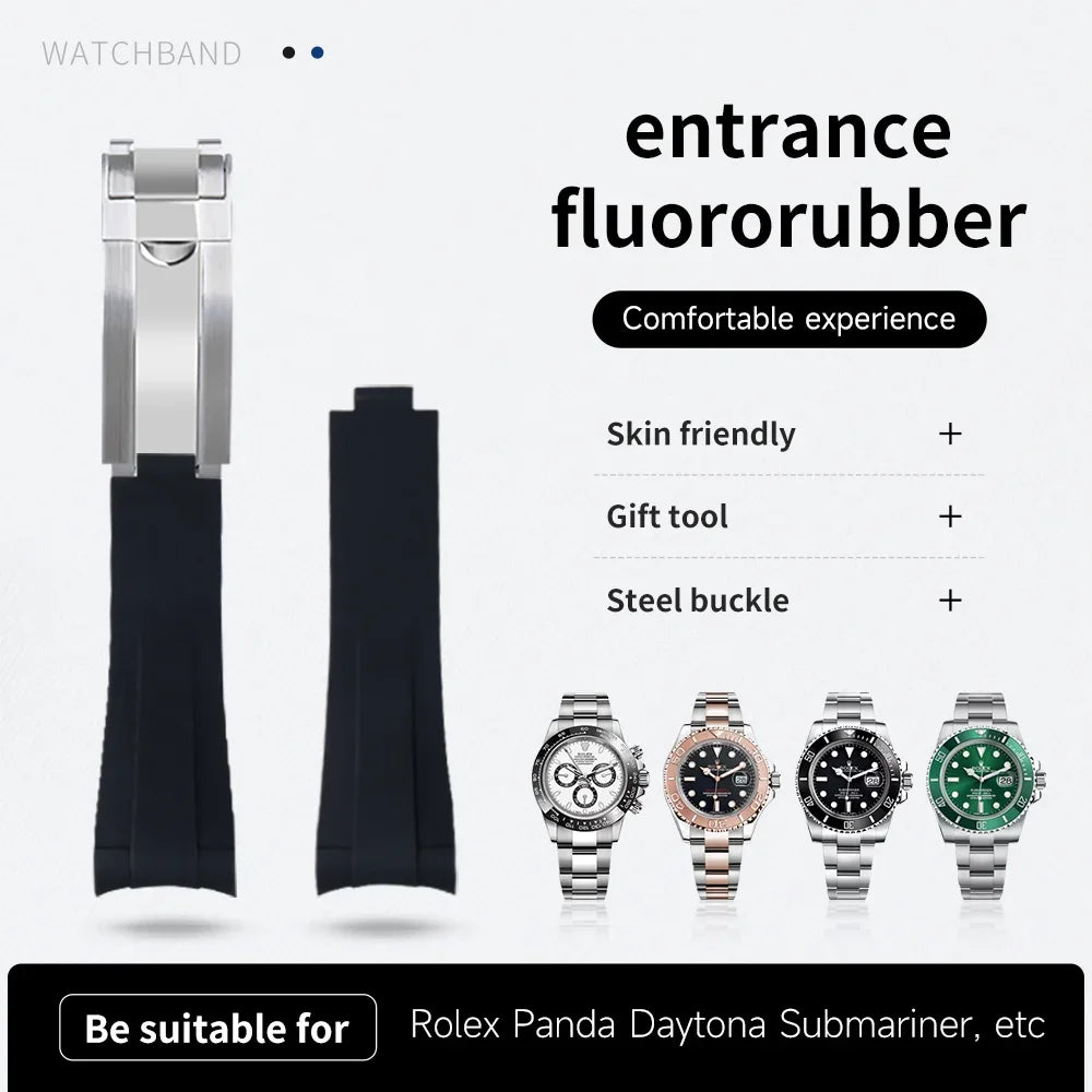 Bracelet de montre en caoutchouc fluoré coloré à extrémités courbes, 20mm, pour Rolex Submariner 36mm Datejust, bracelet en caoutchouc FKM, boucle 9 × 9