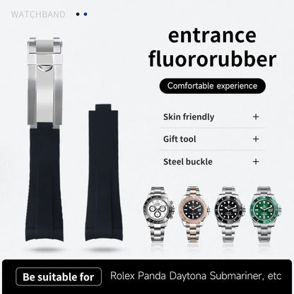 Bracelet de montre en caoutchouc fluoré coloré à extrémités courbes, 20mm, pour Rolex Submariner 36mm Datejust, bracelet en caoutchouc FKM, boucle 9 × 9