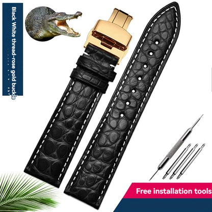 Bracelet en peau de crocodile véritable pour homme et femme, bracelet en alligator, fermoir papillon, Longines, Omega, Mido, Tissot, Rossini, 16mm, 18mm, 20mm, 22mm