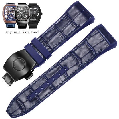 Bracelet de montre pliable en nylon et cuir véritable, bracelet de montre en silicone, noir, bleu, haute qualité, compatible avec Franck Muller, série V45, 28mm
