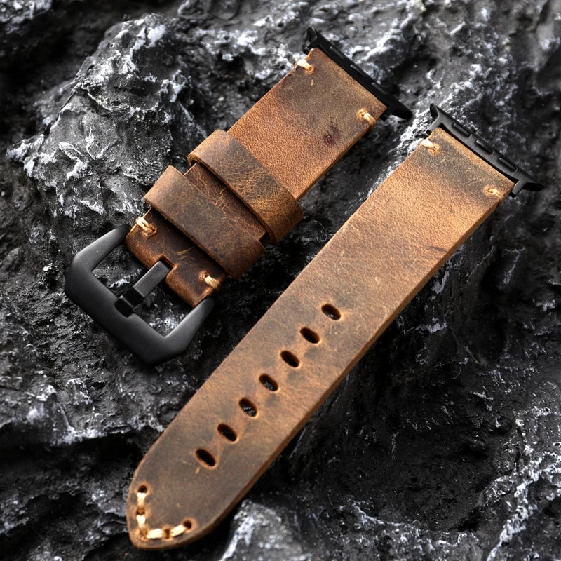Cinturino per orologio da uomo in pelle bovina fatto a mano per Iwatch, nero e marrone, per Apple Watch 8/7 Ultra, spessore 45 49MM
