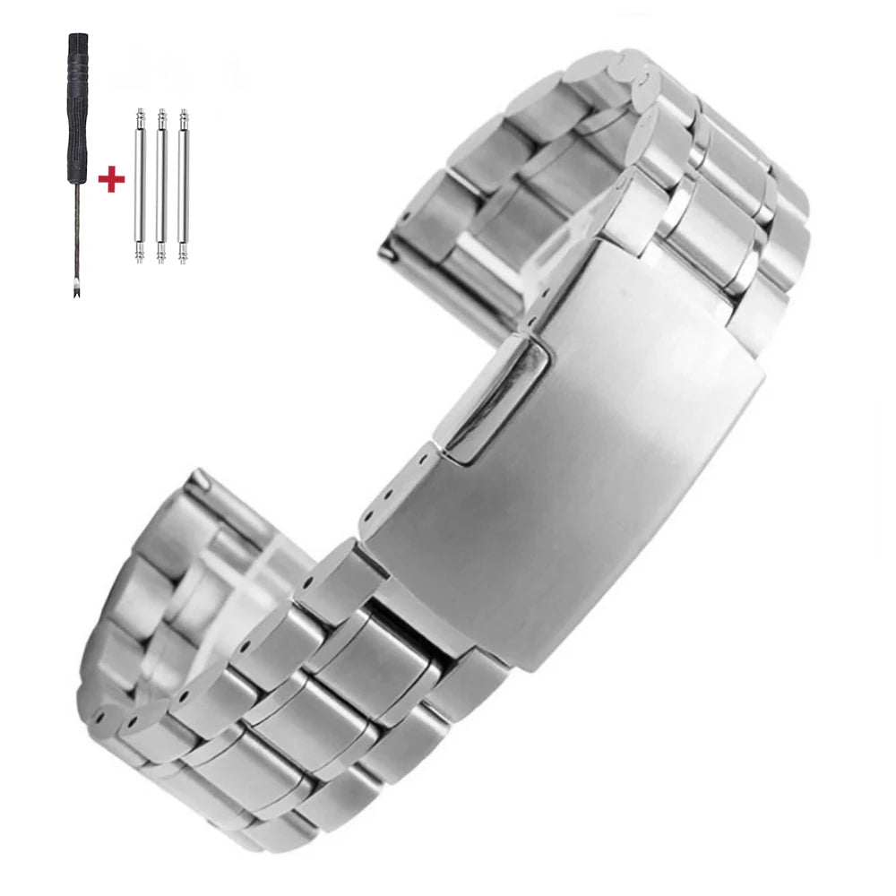 16mm 18mm 20mm 22mm 24mm extrémité droite incurvée Bracelet de montre en acier inoxydable argent or noir métal fermoir pliant Bracelet avec outil