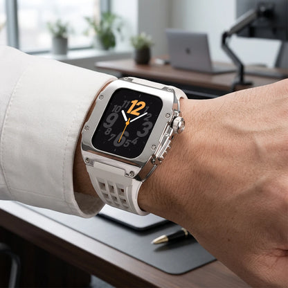 Kit de modification pour Apple Watch 44mm 45mm, bracelet en fluororubber/caoutchouc avec boucle déployante/boucle à ardillon pour iWatch Series 9 8 7 6 5 4, pour la personnalisation