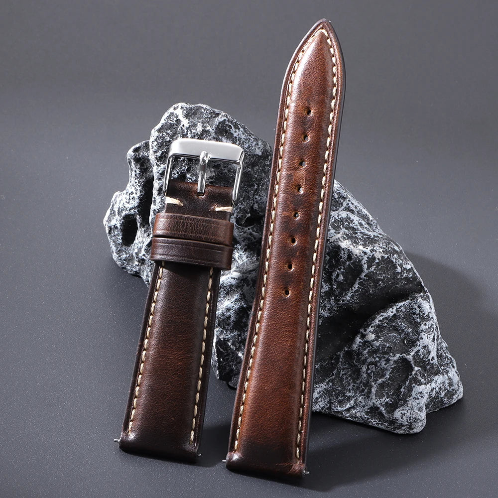 Bracelet de montre vintage en cuir huilé avec boucle papillon 18mm 19mm 20mm 21mm 22mm pour homme et femme, fermoir à ardillon