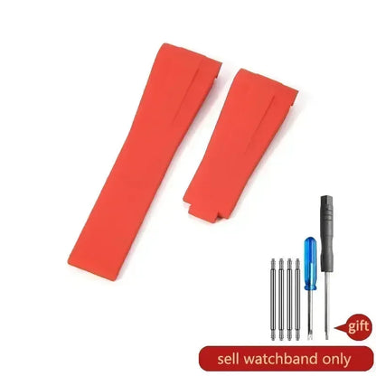 High-quality silicone watch strap in colorful styles (black, green, red, blue, white), with a curved interface for Rolex Datejust Submariner straps.