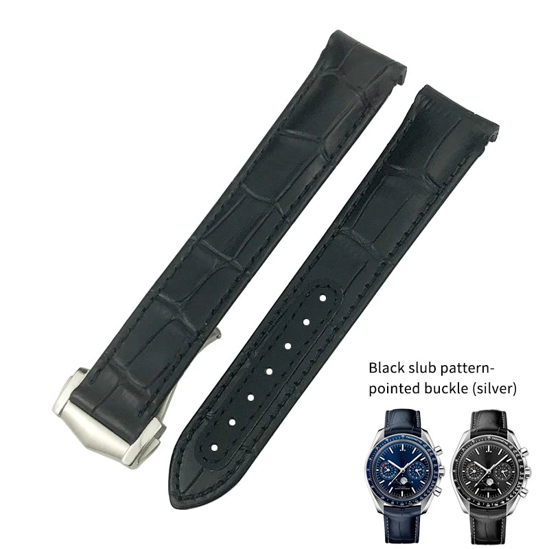 Bracelet de montre en cuir véritable à extrémité incurvée pour Omega Speedmaster Seam84AT150, déploiement struc19 mm 20mm 21mm, noir, bleu