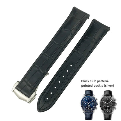 Bracelet de montre en cuir véritable à extrémité incurvée pour Omega Speedmaster Seam84AT150, déploiement struc19 mm 20mm 21mm, noir, bleu