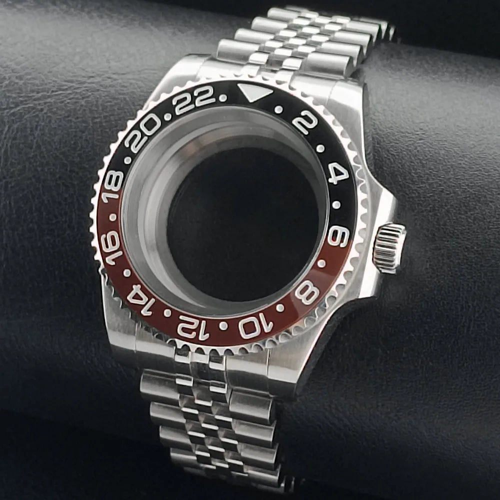 Nouveau 40.5mm GMT fit NH-34 boîtier en argent lunette peut tourner dans les deux directions saphir boîtier de montre étanche pièces de montre accessoires