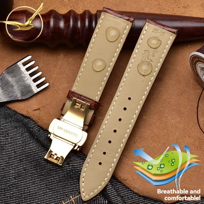 Bracelet en peau de crocodile véritable pour homme et femme, bracelet en alligator, fermoir papillon, Longines, Omega, Mido, Tissot, Rossini, 16mm, 18mm, 20mm, 22mm