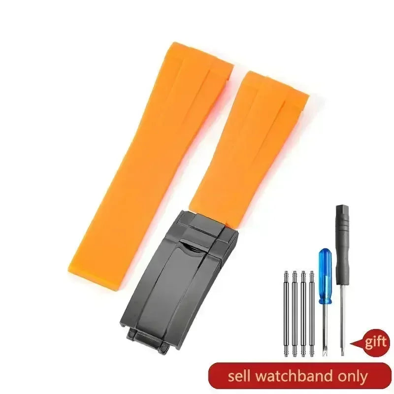 High-quality silicone watch strap in colorful styles (black, green, red, blue, white), with a curved interface for Rolex Datejust Submariner straps.