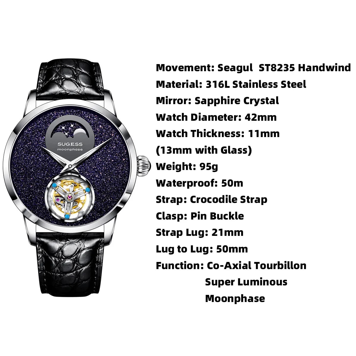 Orologio automatico da uomo Sugess Tourbillon S429