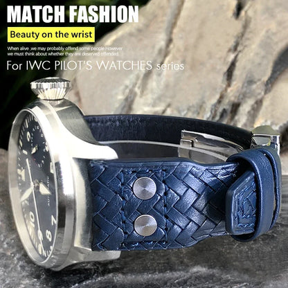 Cinturino per orologio in pelle di vacchetta intrecciata, 22mm 21mm, adatto per orologi IWC Big Pilot TOP GUN IW3777 IW5007, cinturino rivettato in morbida pelle blu