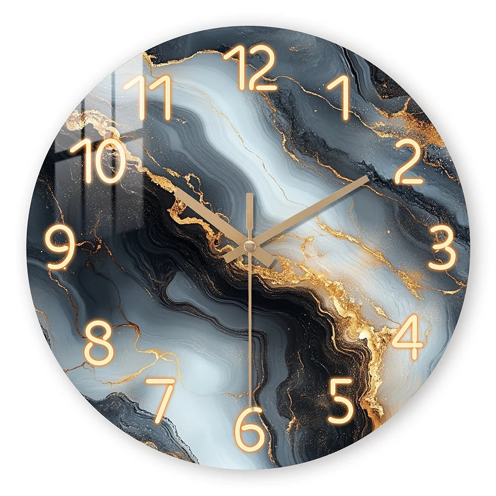 1-piece wooden wall clock, fantasy theme - blue and gold marble textured pattern, silent clock with tempered film veneer, suitable