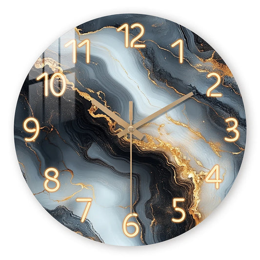 Orologio da parete in legno monoblocco, tema fantasy - motivo testurizzato in marmo blu e oro, orologio silenzioso con impiallacciatura in pellicola temperata, adatto