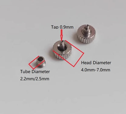 Steel threaded watch crown, head diameter, tap from 4.0mm to 7.0mm, 0.9mm with case tube, 2.2mm, 2.5mm, 2.8mm, W2315, 1 piece