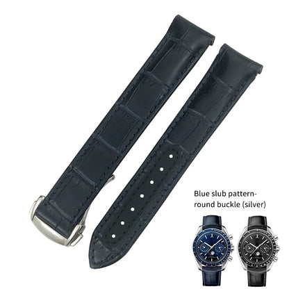 Bracelet de montre en cuir véritable à extrémité incurvée pour Omega Speedmaster Seam84AT150, déploiement struc19 mm 20mm 21mm, noir, bleu