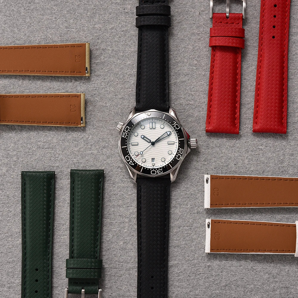 STAPELP – Fabric Sailcloth Strap, 18mm, 19mm, 20mm, 22mm, Top FKM + Leather Base, Textured Rubber Watch Straps, Quick Release Pin Buckle