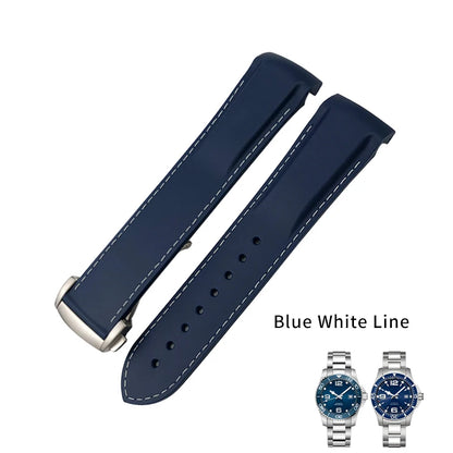 适用于浪琴表、精工SKX、欧米茄、劳力士的表带，橡胶硅胶材质，弧形接口，18mm、19mm、20mm、21mm、22mm可选